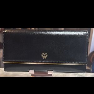MCM Black Textured Wallet with Gold Accent